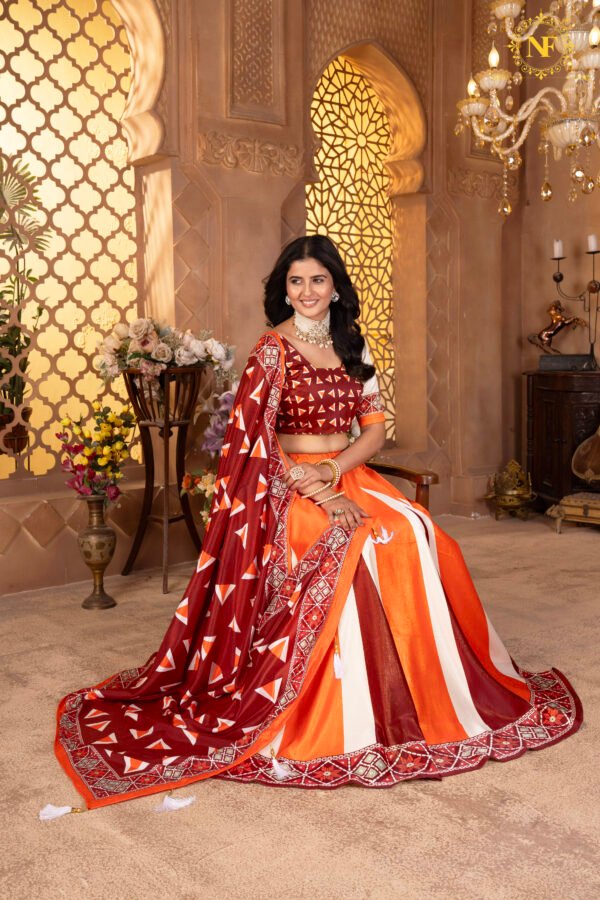 Designer Zari Gota Satin Lehenga Choli in Orange & Maroon With Geometric Print Dupatta