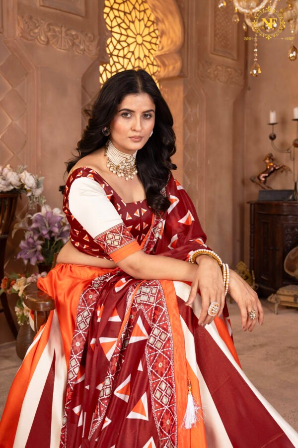 Designer Zari Gota Satin Lehenga Choli in Orange & Maroon With Geometric Print Dupatta