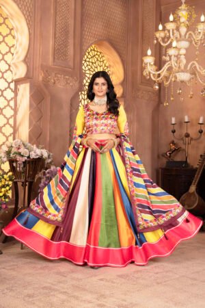 05 (3) Designer Zari Gota Satin Multicolor Lehenga Choli with Floral Blouse & Striped Dupatta