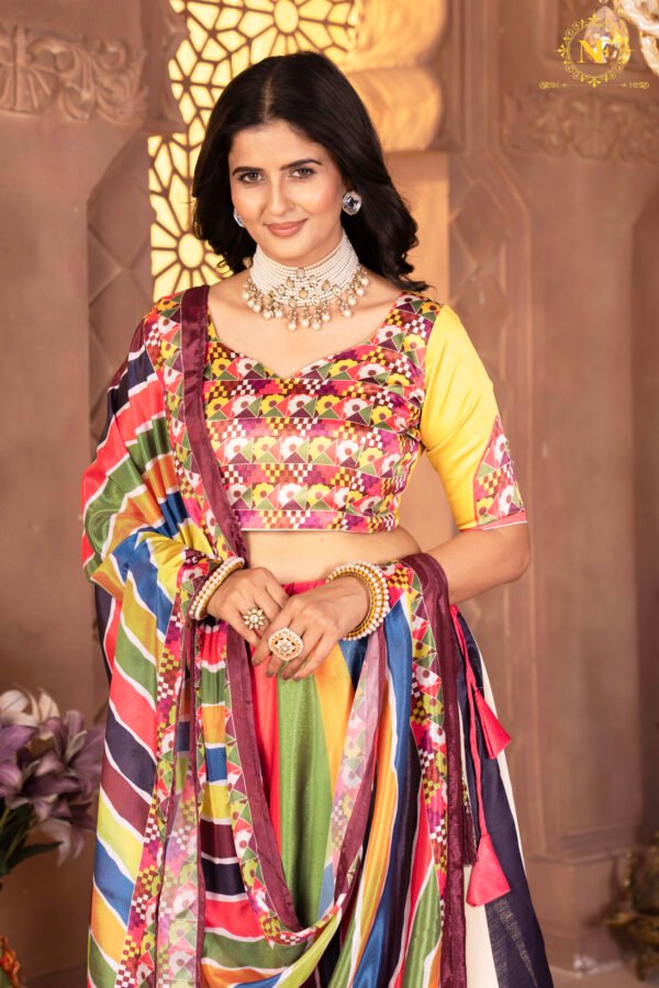 05 (5) Designer Zari Gota Satin Multicolor Lehenga Choli with Floral Blouse & Striped Dupatta