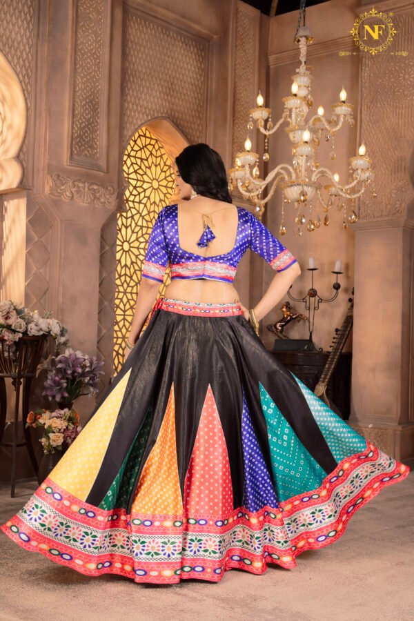 06 (1) Premium Zari Gota Satin Multicolor Lehenga Choli with Bandhani Print & Striped Dupatta