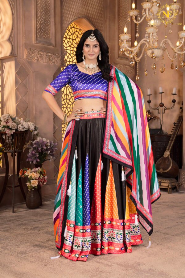 06 (2) Premium Zari Gota Satin Multicolor Lehenga Choli with Bandhani Print & Striped Dupatta