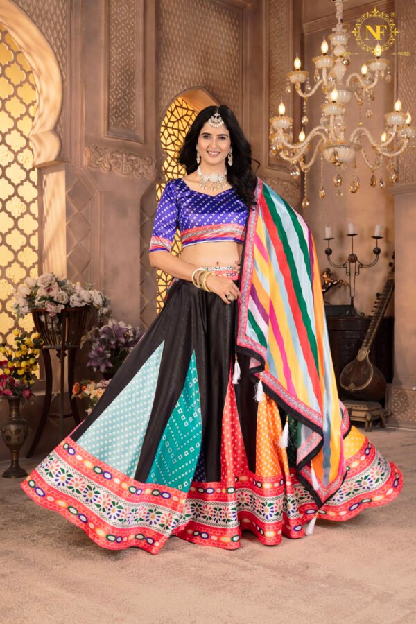 06 (3) Premium Zari Gota Satin Multicolor Lehenga Choli with Bandhani Print & Striped Dupatta