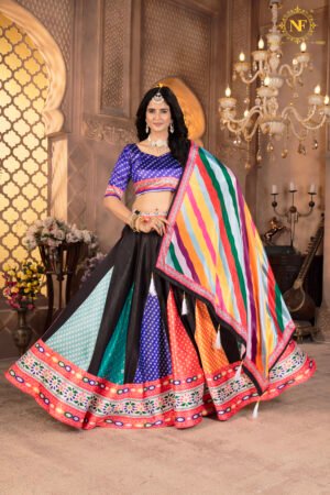 Premium Zari Gota Satin Multicolor Lehenga Choli with Bandhani Print & Striped Dupatta