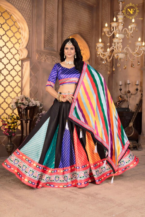 06 (4) Premium Zari Gota Satin Multicolor Lehenga Choli with Bandhani Print & Striped Dupatta