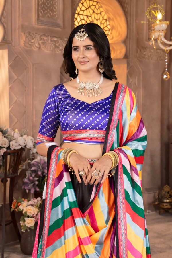 06 (6) Premium Zari Gota Satin Multicolor Lehenga Choli with Bandhani Print & Striped Dupatta