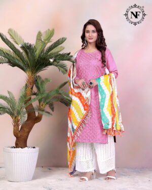 Trendy Women’s Embroidered Kurti Set with White Palazzo & Multicolor Bandhani Dupatta – NF Collection