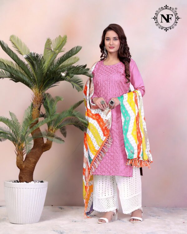 137 Trendy Women’s Embroidered Kurti Set with White Palazzo & Multicolor Bandhani Dupatta – NF Collection