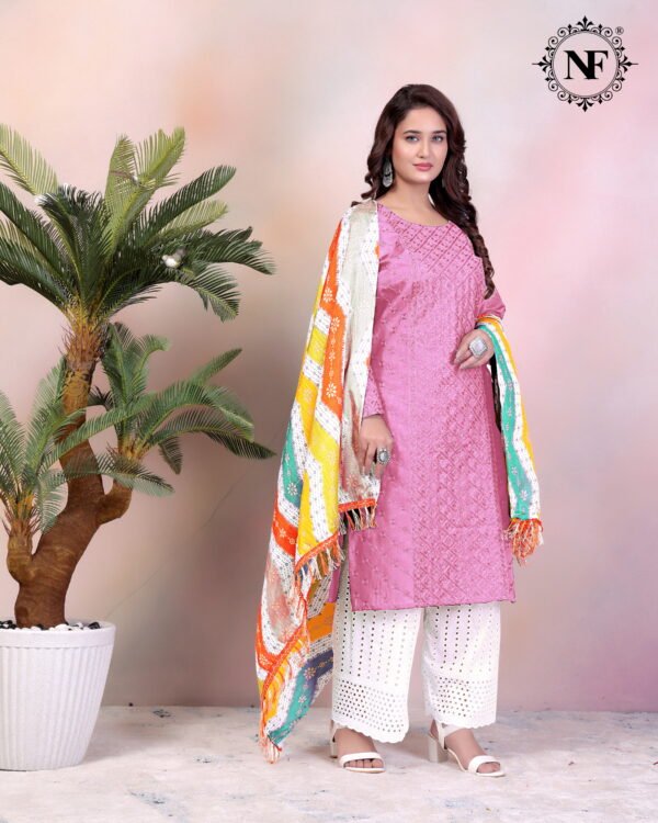 138 Trendy Women’s Embroidered Kurti Set with White Palazzo & Multicolor Bandhani Dupatta – NF Collection