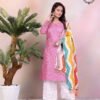 139 Trendy Women’s Embroidered Kurti Set with White Palazzo & Multicolor Bandhani Dupatta – NF Collection