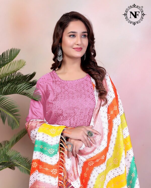 141 Trendy Women’s Embroidered Kurti Set with White Palazzo & Multicolor Bandhani Dupatta – NF Collection