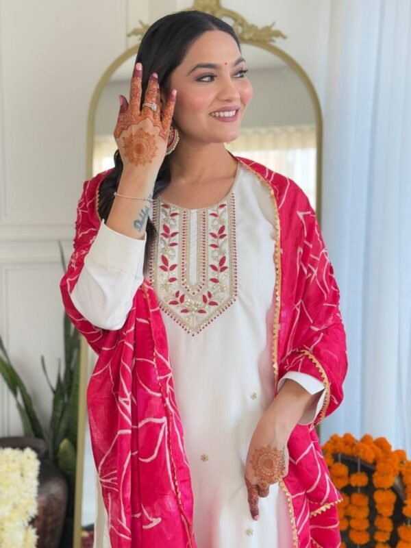 6091508638419112741 Elegant White Kurti Set with Pink Bandhani Dupatta – Festive & Ethnic Wear for Women