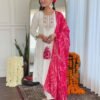 6091508638419112743 Elegant White Kurti Set with Pink Bandhani Dupatta – Festive & Ethnic Wear for Women
