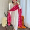 6091508638419112744 Elegant White Kurti Set with Pink Bandhani Dupatta – Festive & Ethnic Wear for Women