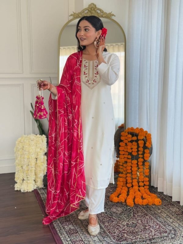 6091508638419112745 Elegant White Kurti Set with Pink Bandhani Dupatta – Festive & Ethnic Wear for Women