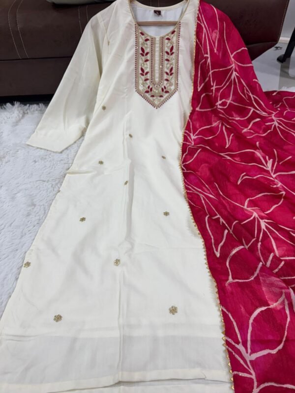 6091508638419112748 Elegant White Kurti Set with Pink Bandhani Dupatta – Festive & Ethnic Wear for Women