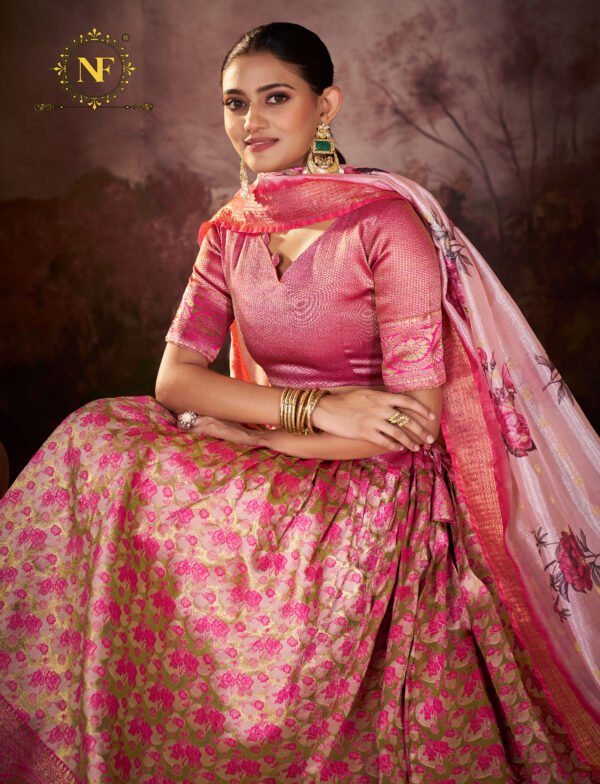 Premium Narayan Pattu Pink Floral Lehenga Choli with Zari Border & Printed Dupatta