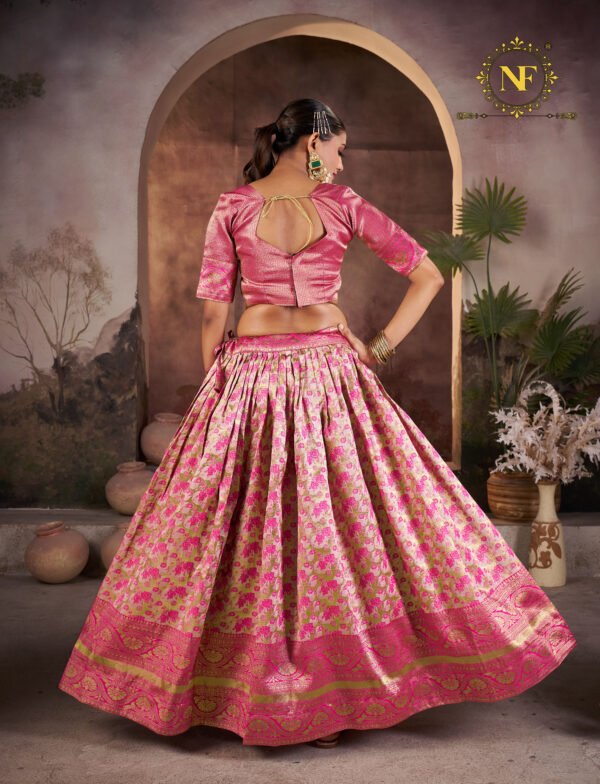 Premium Narayan Pattu Pink Floral Lehenga Choli with Zari Border & Printed Dupatta