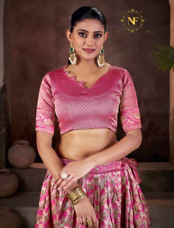 Premium Narayan Pattu Pink Floral Lehenga Choli with Zari Border & Printed Dupatta