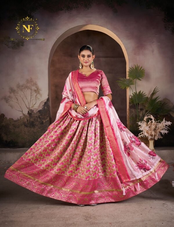 Premium Narayan Pattu Pink Floral Lehenga Choli with Zari Border & Printed Dupatta