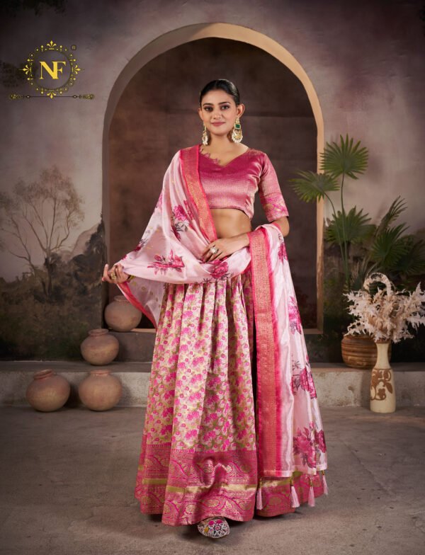 Premium Narayan Pattu Pink Floral Lehenga Choli with Zari Border & Printed Dupatta