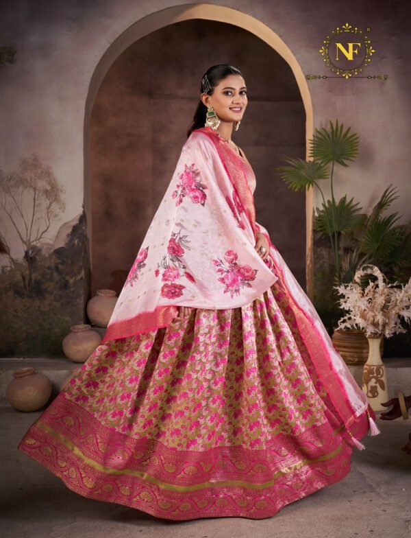 Premium Narayan Pattu Pink Floral Lehenga Choli with Zari Border & Printed Dupatta