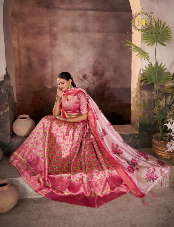 Premium Narayan Pattu Pink Floral Lehenga Choli with Zari Border & Printed Dupatta