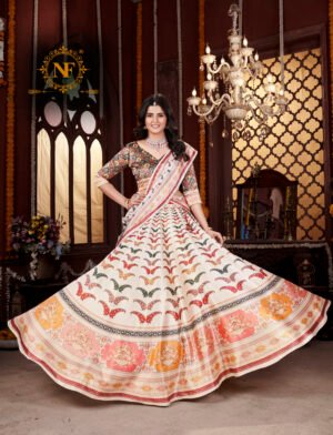 Premium Gota Satin Printed Lehenga Set – Multicolor Butterfly & Floral Design