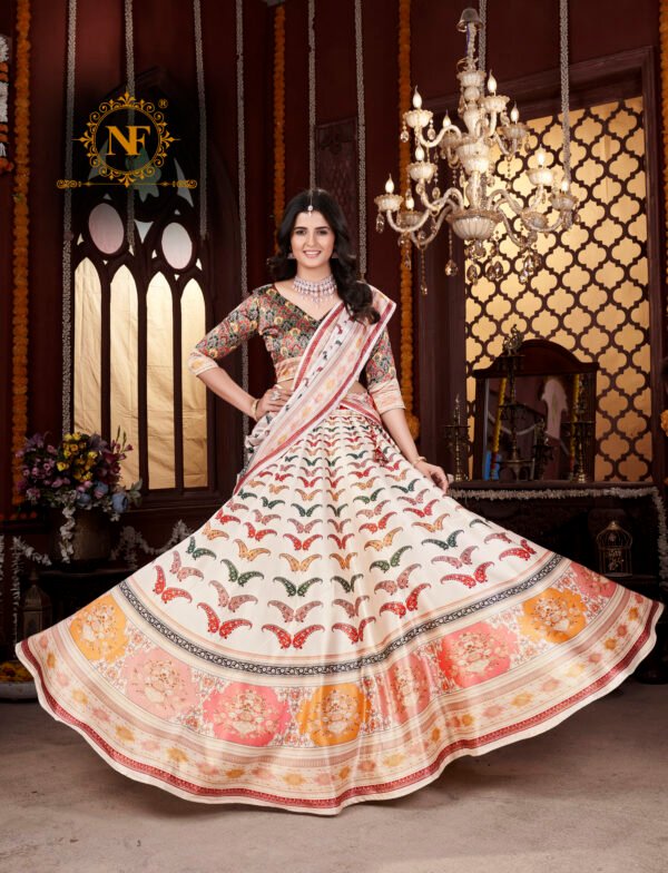 Premium Gota Satin Printed Lehenga Set – Multicolor Butterfly & Floral Design