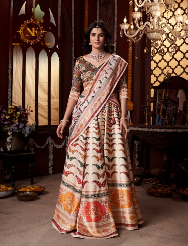 Premium Gota Satin Printed Lehenga Set – Multicolor Butterfly & Floral Design