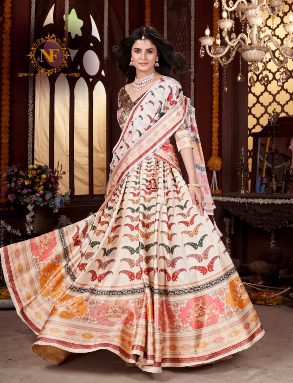 Premium Gota Satin Printed Lehenga Set – Multicolor Butterfly & Floral Design