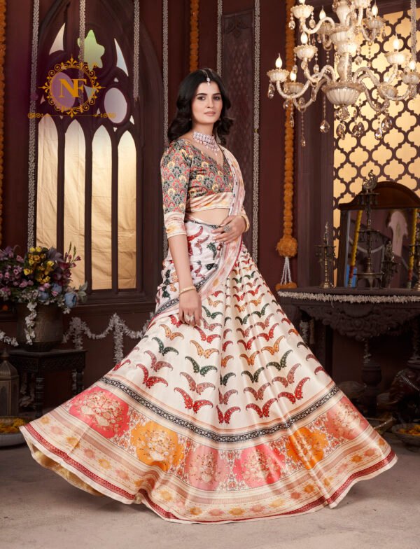 Premium Gota Satin Printed Lehenga Set – Multicolor Butterfly & Floral Design