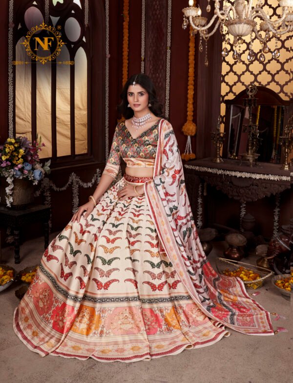 Premium Gota Satin Printed Lehenga Set – Multicolor Butterfly & Floral Design