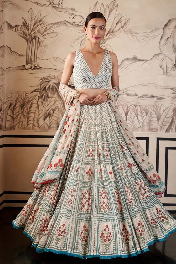 Designer Off-White Zari Gota Lehenga Choli with Floral Print Dupatta