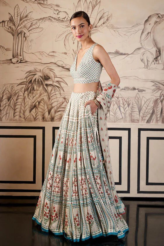 Designer Off-White Zari Gota Lehenga Choli with Floral Print Dupatta