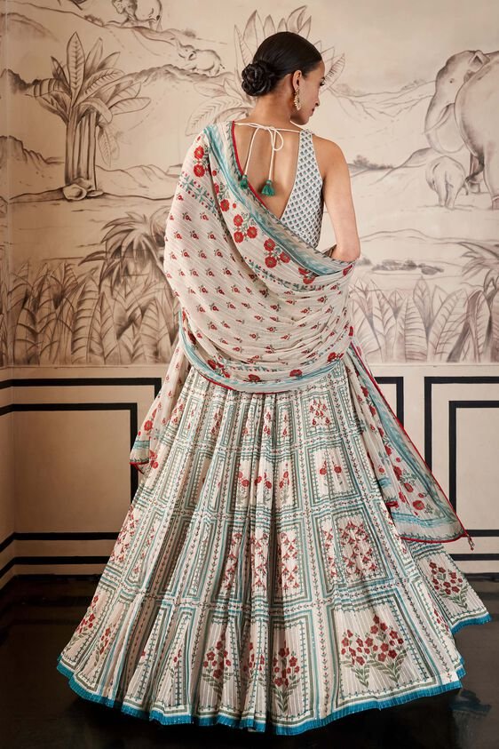 Designer Off-White Zari Gota Lehenga Choli with Floral Print Dupatta