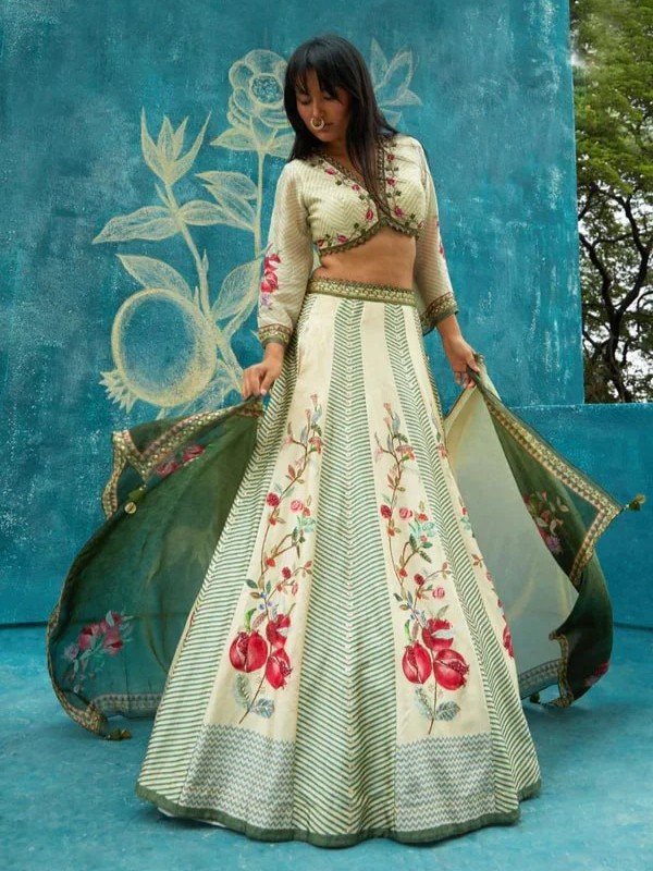 photo_6188041670528974828_y Floral Printed Gota Satin Lehenga Choli with Dupatta – Green & Cream Designer Ethnic Set