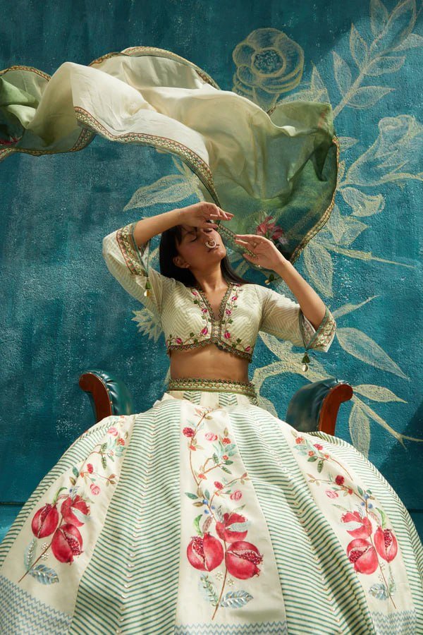 photo_6188041670528974829_y Floral Printed Gota Satin Lehenga Choli with Dupatta – Green & Cream Designer Ethnic Set