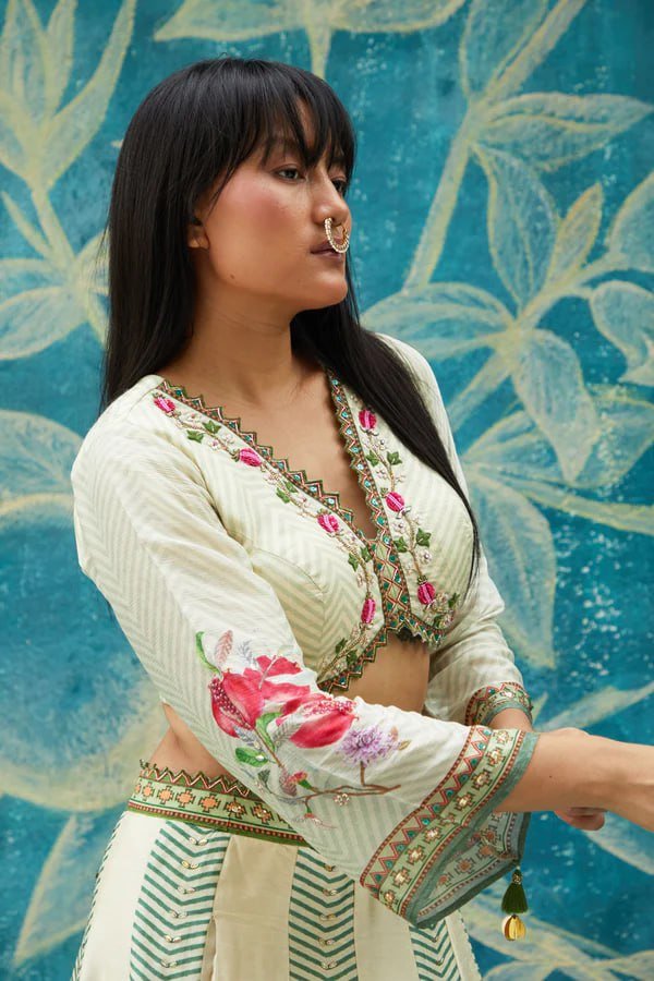 photo_6188041670528974830_y Floral Printed Gota Satin Lehenga Choli with Dupatta – Green & Cream Designer Ethnic Set