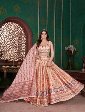 Floral Printed Gota Satin Lehenga Choli with Dupatta – Peach & Cream Designer Ethnic Wear