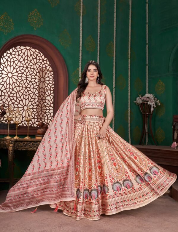 photo_6258045385436154089_y Floral Printed Gota Satin Lehenga Choli with Dupatta – Peach & Cream Designer Ethnic Wear