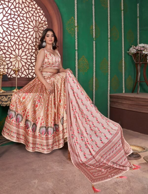 photo_6258045385436154091_y Floral Printed Gota Satin Lehenga Choli with Dupatta – Peach & Cream Designer Ethnic Wear