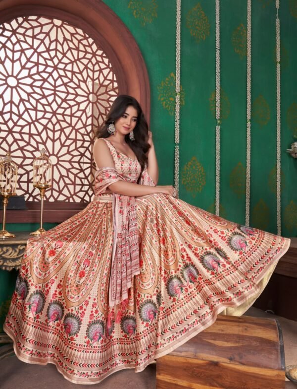 photo_6258045385436154092_y Floral Printed Gota Satin Lehenga Choli with Dupatta – Peach & Cream Designer Ethnic Wear