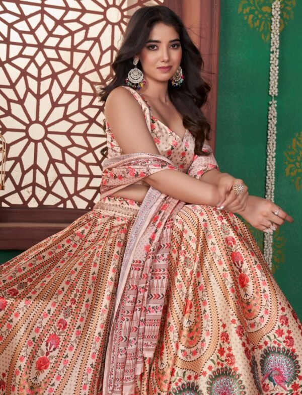 photo_6258045385436154094_y Floral Printed Gota Satin Lehenga Choli with Dupatta – Peach & Cream Designer Ethnic Wear