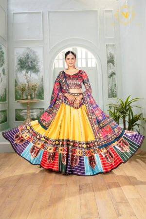 Yellow Zari Gota Printed Lehenga Choli with Multicolor Border & Dupatta