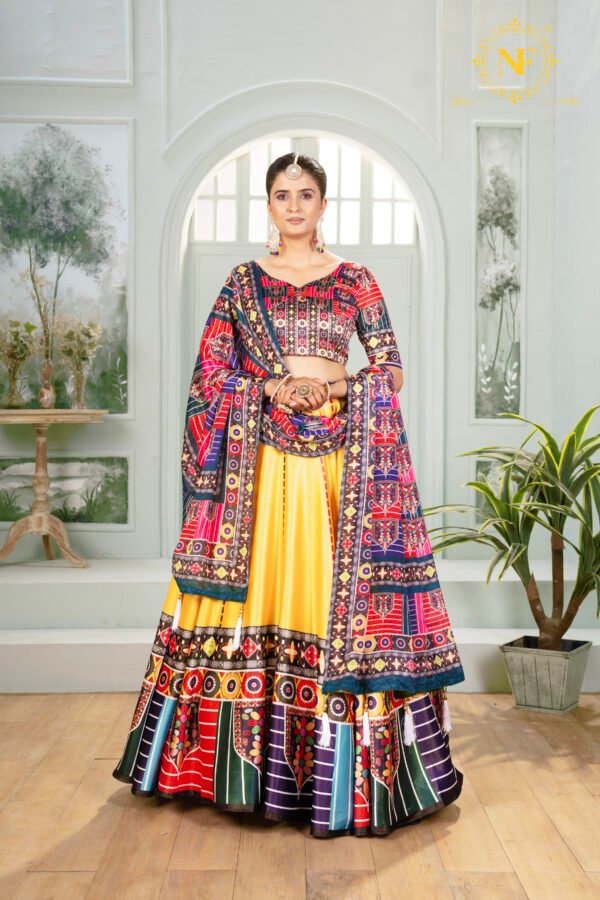 Yellow Zari Gota Printed Lehenga Choli with Multicolor Border & Dupatta