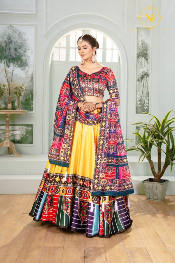 Yellow Zari Gota Printed Lehenga Choli with Multicolor Border & Dupatta