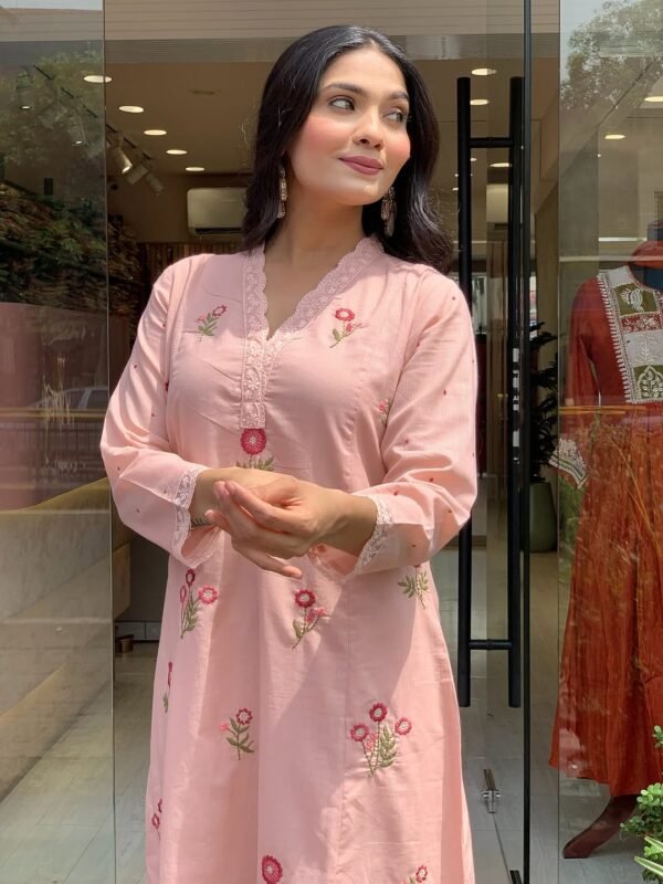 Peach Cotton Embroidered Kurta Set with Matching Dupatta for Women