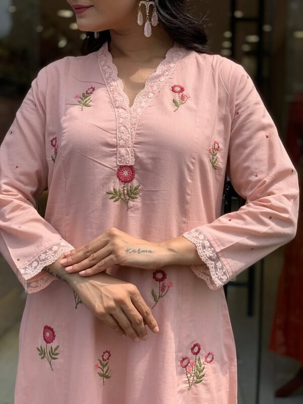 Peach Cotton Embroidered Kurta Set with Matching Dupatta for Women