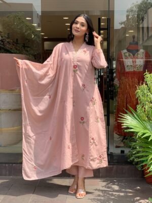535909147_18519289585038324_7872053314341990146_n Peach Cotton Embroidered Kurta Set with Matching Dupatta for Women